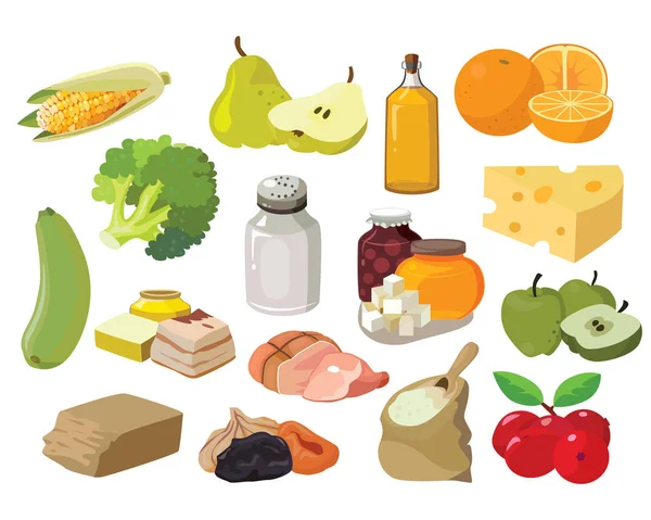 Frutas, verduras, grasas, carne, cereales, productos lácteos — Vector de stock