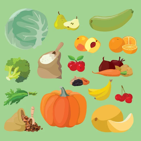 Schmackhaftes Gemüse, Obst, Beeren, Getreide - vegetarische Produkte — Stockvektor