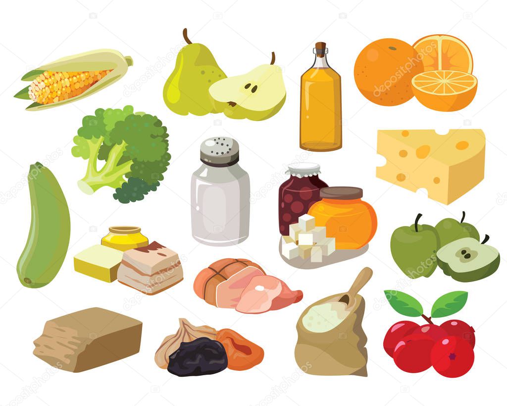 Fruits, vegetables, fats, meat, cereals, dairy products