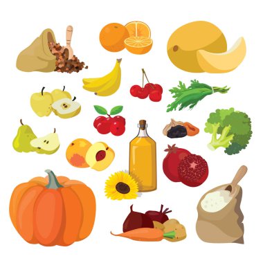 Vejetaryen yiyecekler: sebze, meyve, böğürtlen, tahıl, yağ. Kolaylık olsun diye, her önemli element ayrı bir katmanda. Eps 10
