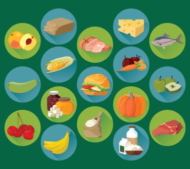 Yiyecekler. Meyve, sebze, yağ, et, tahıl, süt ürünleri. Kolaylık olsun diye, her önemli element ayrı bir katmanda. Eps 10