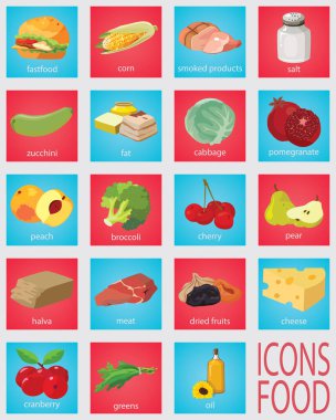 Fruits, vegetables, fats, meat, cereals, dairy products