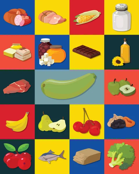 Frutas, verduras, grasas, carne, cereales, productos lácteos — Vector de stock