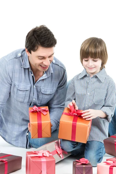 Father present son gifts isolated.