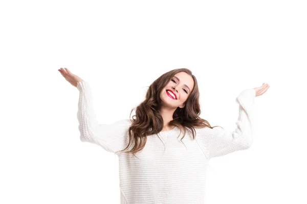 Beautiful woman in white sweater delight. — Stock Photo, Image