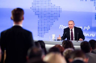 Moskova, Rusya - Aralık 23: Rusya Federasyonu Vladimir Vladimiroviç Putin'in 23 Aralık 2016, Rusya Moskova'da uluslararası ticaretin merkezi bir yıllık basın toplantısında Başkan