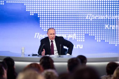 Moskova, Rusya - Aralık 23: Rusya Federasyonu Vladimir Vladimiroviç Putin'in 23 Aralık 2016, Rusya Moskova'da uluslararası ticaretin merkezi bir yıllık basın toplantısında Başkan