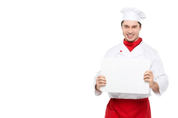 Kucharz mężczyzna trzyma tabliczką znamionową menu na białym tle. — Zdjęcie stockowe