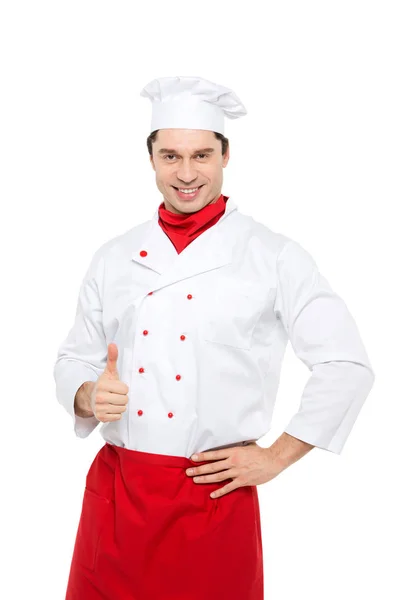 Sorrindo mestre chef mostrando polegar de pé isolado . — Fotografia de Stock