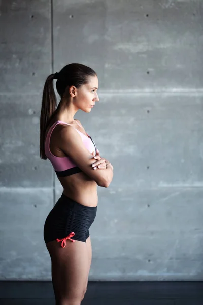 Weiblich Sportkleidung Auf Grauem Hintergrund Fitness Frau — Stockfoto