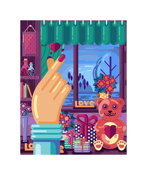 Cute vector valentines day poster. Hand with a heart sign on a background of a room with gifts and flowers. Winter landscape in the window. Cartoon flat design for the holiday. Bright card for lovers