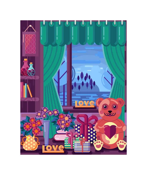 Cute vector valentines day poster. Room with presents, teddy bear and flowers. Winter landscape in the window. Cartoon flat design for the holiday. Bright card for lovers.