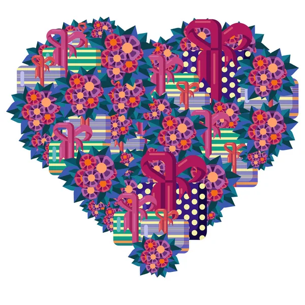Cute flat vector valentines day postcard. Heart filled with gift boxes and flowers. Gifts and flowers in the shape of a heart. Heart frame on a white background