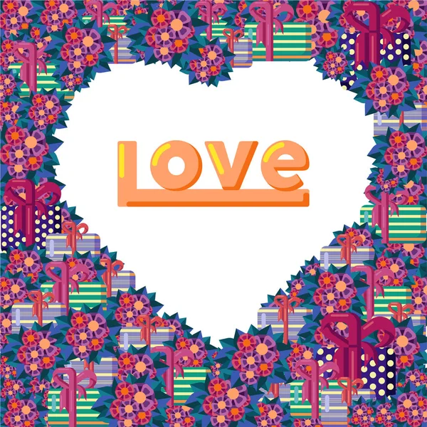 Cute flat vector valentines day postcard. Heart shaped frame with place for text. Frame filled with boxes with gifts and flowers. Heart shaped gifts