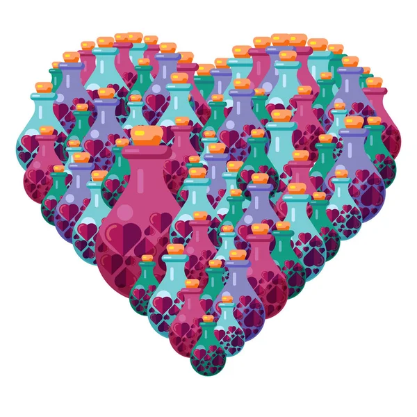 Cute flat vector valentines day postcard. A heart filled with glass flasks with paper hearts inside. Heart shaped gifts. Heart frame on a white background.