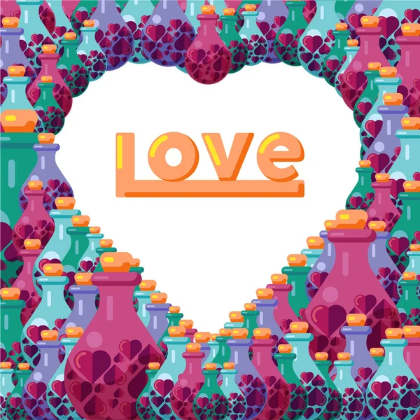 Cute flat vector valentines day postcard. Heart shaped frame with place for text. A frame filled with glass flasks with paper hearts inside. Heart shaped gifts.