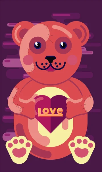 Cute flat vector valentines day postcard. Gift plush medvel with a heart in his hands. Holiday banner for lovers.