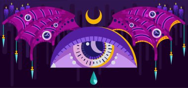 Vektör çizimi. Yarasa kanatlarıyla kocaman bir göz. Esrarengiz semboller. Hançerler, mumlar, gözyaşı. Karanlık ve kasvetli bir arka planda.