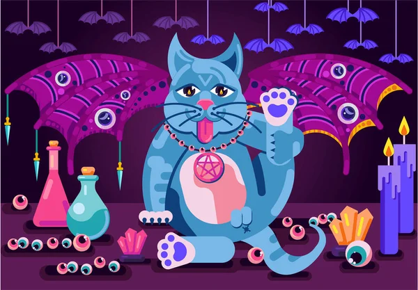 Vektör çizimi. Yarasa kanatlı bir kedi okült sembollerin arka planında oturur. Mumlar, kitaplar, kristaller, falcılık topu, gözler, yıldız falı, şişeler, iksirler, yarasalar.