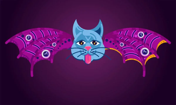 Vektör çizimi. Kedi yüzlü, yarasa kanatlı ve gözbebekli. Esrarengiz semboller. Karanlık ve kasvetli bir arka planda.