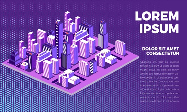Neon Isometric şehir metropolü tasarım konsepti. Gökdelenleri, evleri ve caddeleri olan şehir mimarisi. Şehrin peyzajı. Metin için yer.