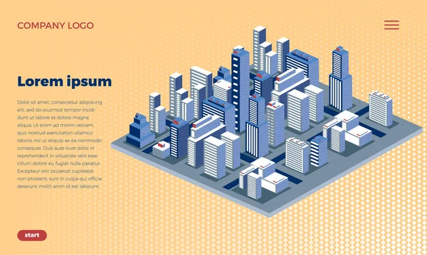 Web sitesi tasarımı. İzometrik şehir metropolü. Gökdelenleri, evleri ve caddeleri olan şehir mimarisi. Şehrin peyzajı. Metin için yer.