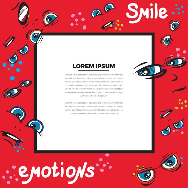 Emoji çerçeve ile metin için yer. Kırmızı arka planda farklı duyguları olan yüzlerin deseni. Komik karalamalar. Tipografi veya web tasarımı için vektör şablonları.