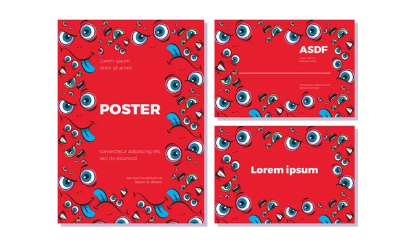 Emoji çerçeve ile metin için yer. Kırmızı arka planda farklı duyguları olan yüzlerin deseni. Komik karalamalar. Tipografi veya web tasarımı için vektör şablonları.