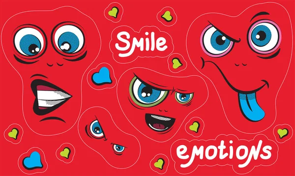 Komik suratlı çıkartmalar, yüz ifadeleri olan emoji. El yazısıyla yazılmış çıkartmalar. Güzel karalama.