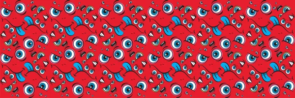 Kusursuz yatay desen. Dürbünlü yüz ifadeli Emoji suratı. Komik karalama. Tipografi, afiş veya web tasarımı için vektör şablonları.