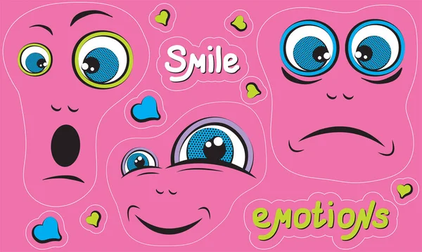 Komik suratlı çıkartmalar, yüz ifadeleri olan emoji. El yazısıyla yazılmış çıkartmalar. Güzel karalama.