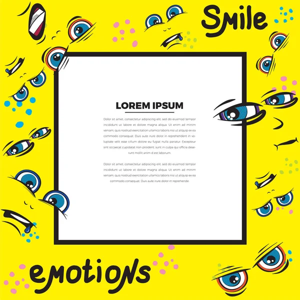 Emoji çerçeve ile metin için yer. Sarı arka planda farklı duyguları olan yüzlerin deseni. Komik karalamalar. Tipografi veya web tasarımı için vektör şablonları.