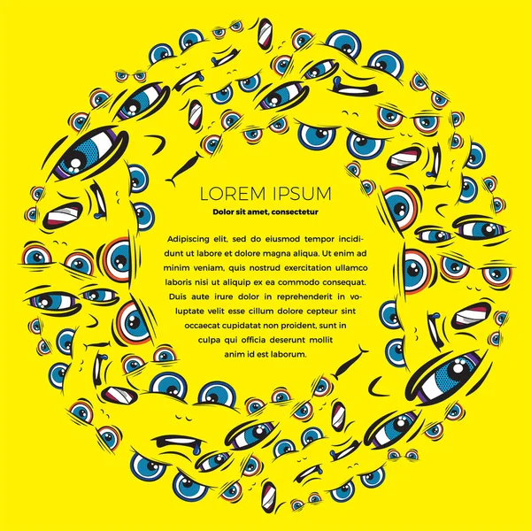 Emoji çerçevesini metin için daire içine al. Sarı arka planda farklı duyguları olan yüzlerin deseni. Komik karalamalar. Tipografi veya web tasarımı için vektör şablonları.