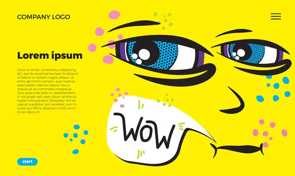 Web sayfası şablonu. Dürbünlü yüz ifadeleri olan komik emoji suratı. Baloncukta mesaj için yer var. Komik karalama. Vektör şablonları web tasarımı.