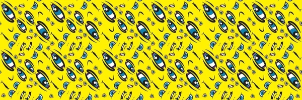 Kusursuz yatay desen. Dürbünlü yüz ifadeli Emoji suratı. Komik karalama. Tipografi, afiş veya web tasarımı için vektör şablonları.