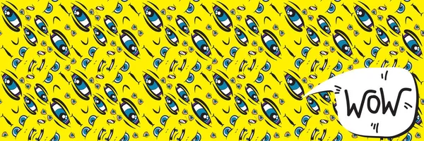 Kusursuz yatay desen. Dürbünlü yüz ifadeleri olan komik emoji suratı. Baloncukta mesaj için yer var. Komik karalama. Tipografi, afiş veya web tasarımı için vektör şablonları.