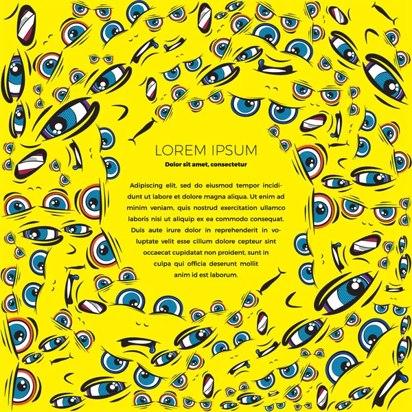 Emoji çerçevesini metin için daire içine al. Sarı arka planda farklı duyguları olan yüzlerin deseni. Komik karalamalar. Tipografi veya web tasarımı için vektör şablonları.