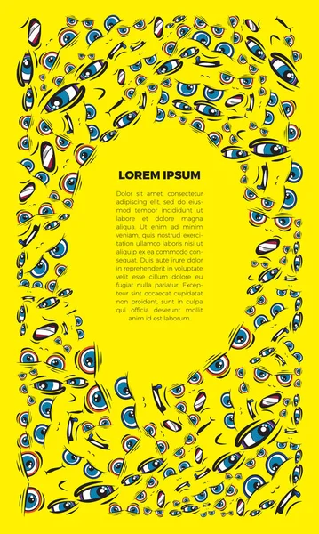 Emoji çerçevesini metin için daire içine al. Sarı arka planda farklı duyguları olan yüzlerin deseni. Komik karalamalar. Tipografi veya web tasarımı için vektör şablonları.