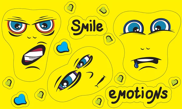 Stickers met grappige gezichten emoji met gezichtsuitdrukkingen. Handgeschreven belettering stickers. Leuke doodle — Stockvector