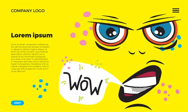 Web sayfası şablonu. Dürbünlü yüz ifadeleri olan komik emoji suratı. Baloncukta mesaj için yer var. Komik karalama. Vektör şablonları web tasarımı.