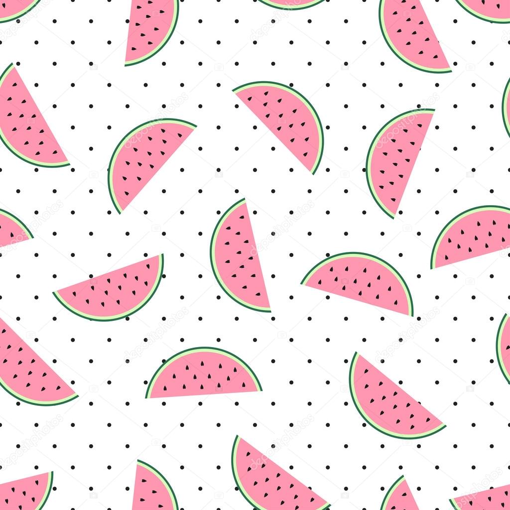 Watermelon slices seamless pattern on white polka dots background.
