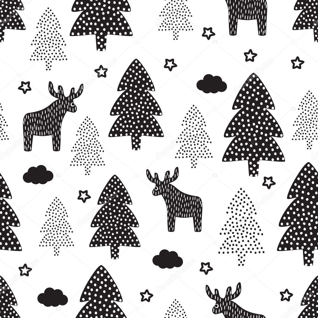 Christmas pattern - Xmas trees, deers, stars.