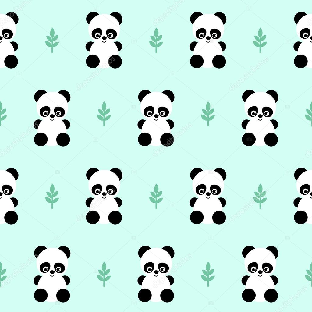 Panda with leaf seamless pattern on green background.