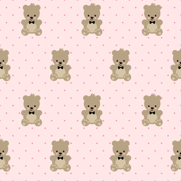 Teddy Bear seamless pattern on pink polka dots background. — Stock Vector