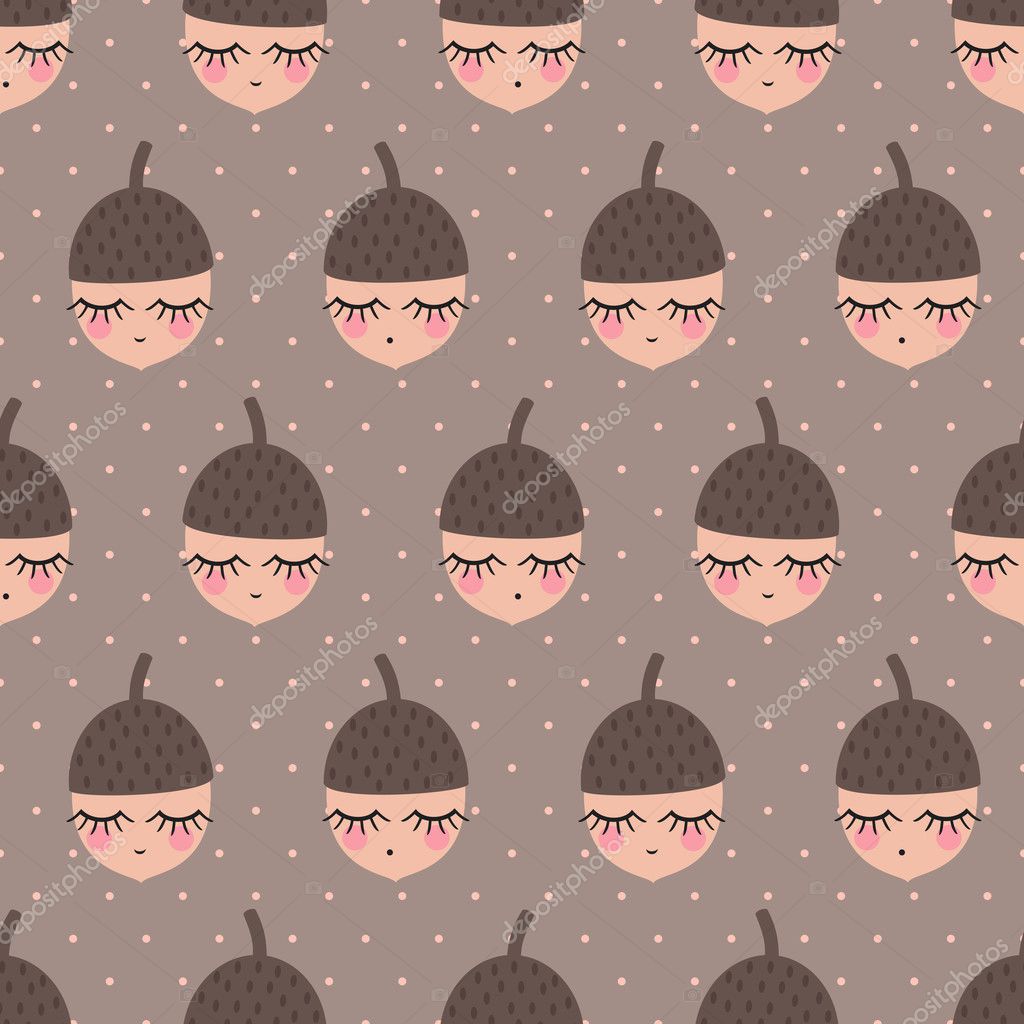 Baby acorns seamless pattern on polka dots background. Stock Vector