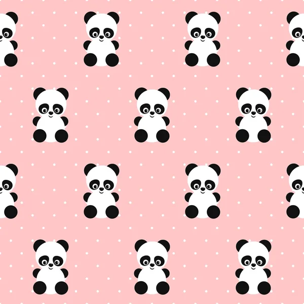 Panda sömlösa mönster på prickar rosa bakgrund. — Stock vektor