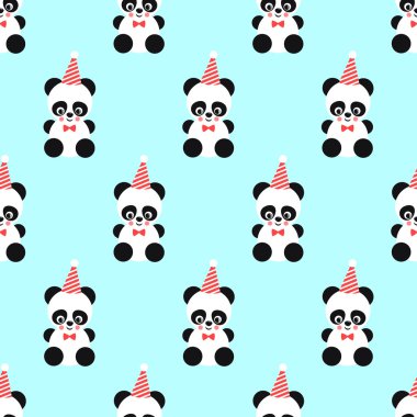 Panda ve doğum günü şapkası seamless modeli nane yeşil zemin üzerine