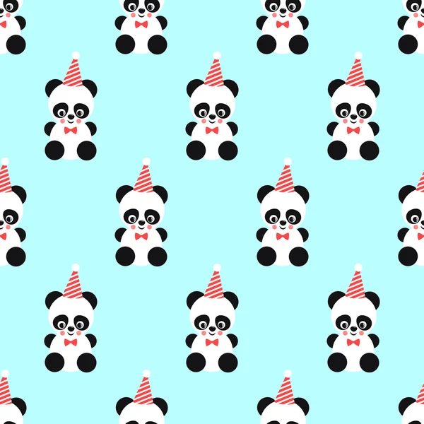 Panda and birthday cap seamless pattern on mint green background — Stock vektor