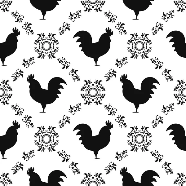 Black and white rooster seamless pattern. — Stockový vektor