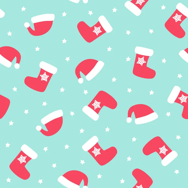 Christmas pattern with xmas socks, stars and Santa hats. — Stock Vector
